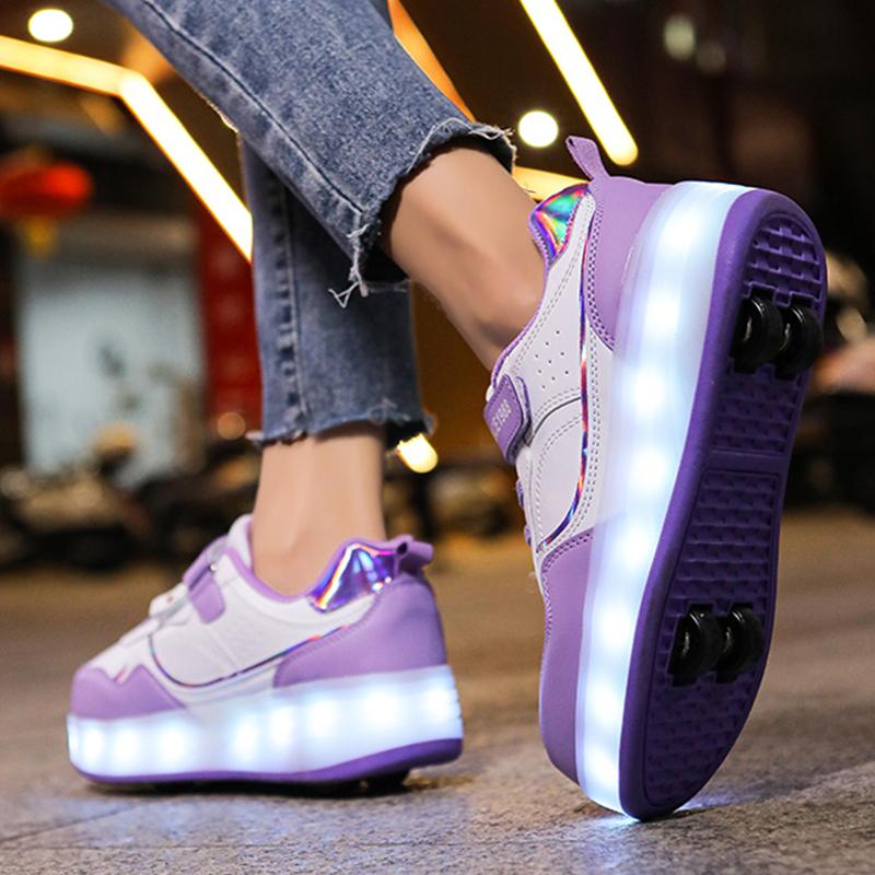 29-38 Детские четырехколесные разборные спортивные туфли на плоской подошве, светодиодные блестящие детские светящиеся кроссовки