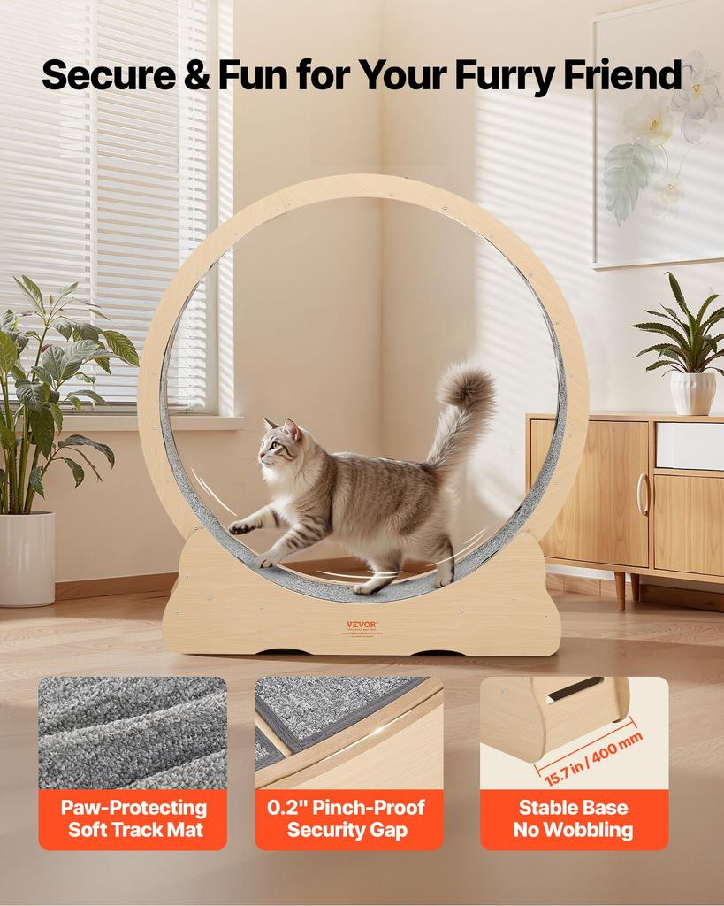 VEVOR Cat Exercise Wheel, 120cm Wooden Cat Running Wheel for Indoor Cats up to 12.7kg Cats Treadmill with Carpeted Runway & Locking Mechanism