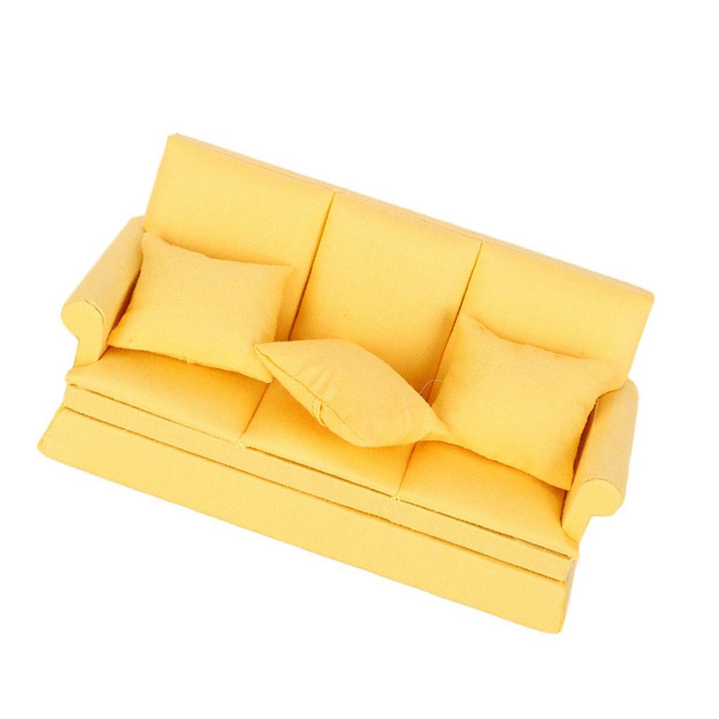 1:12 Doll House Mini Sofa with 3pcs Pillow Living Room Furniture Wooden Doll House Decoration