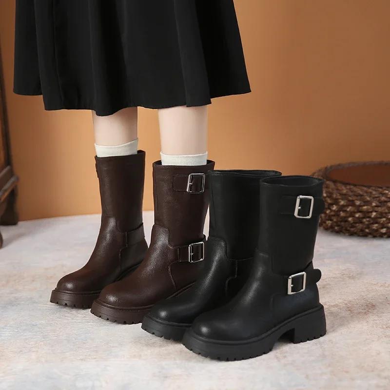 2026 New Fashion Solid Color Women's Boots Winter Buckle Comfortable Versatile Warm Temperament Women's Boots Zapatos De Mujer