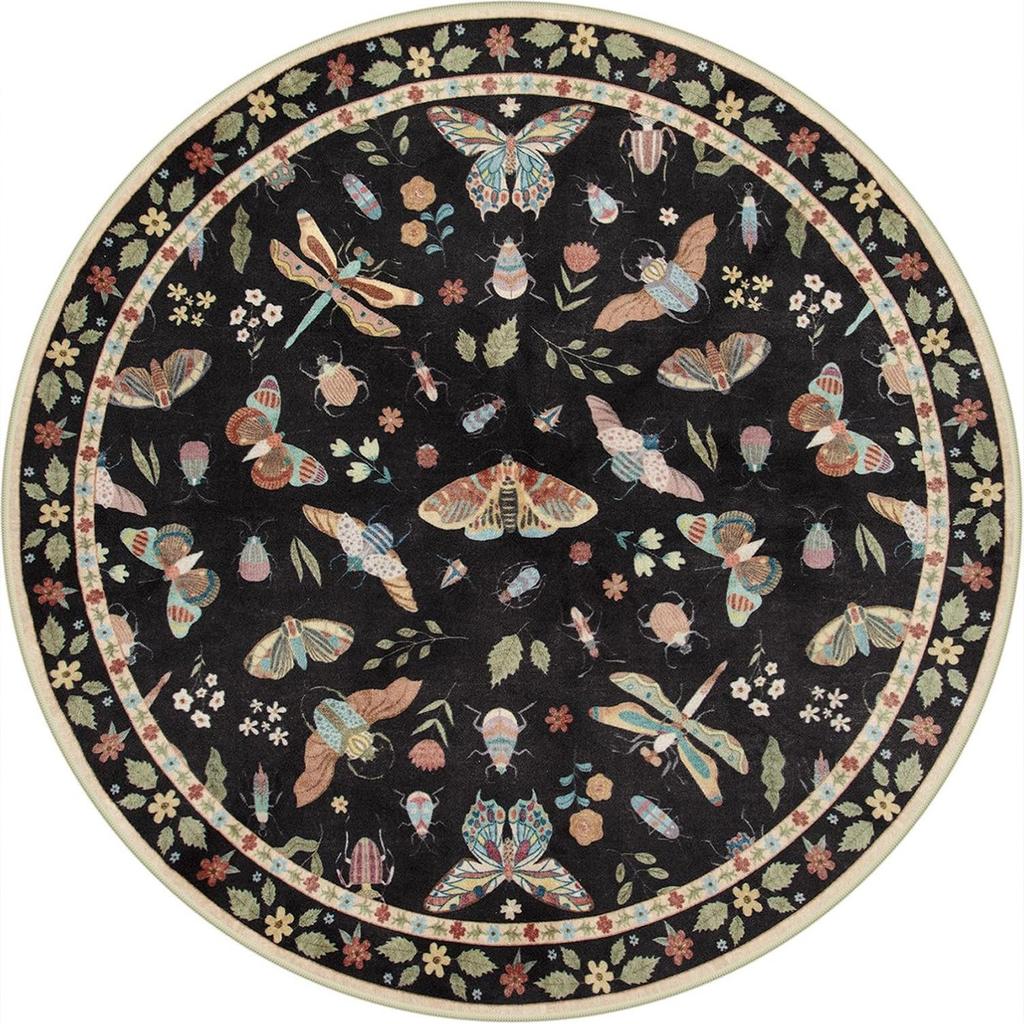 Round Insect & Floral Carpet - Vibrant Butterfly/Dragonfly/Moth Motif, Black Boho Rug for Living Room, Artistic Nature Decor