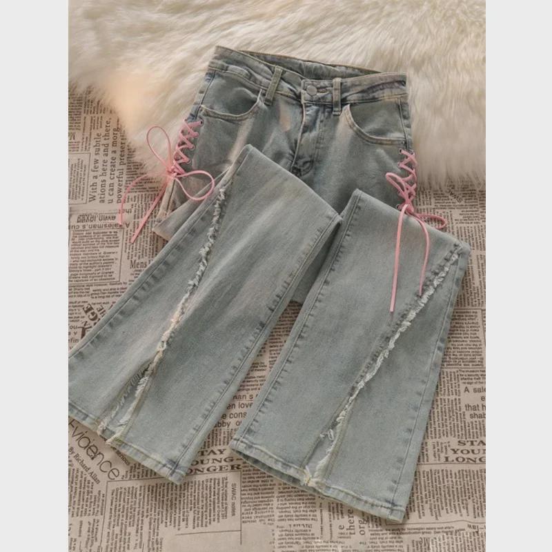 Женские летние расклешенные джинсы с необработанным краем, узкий дизайн с разрезом для миниатюрных 150 см