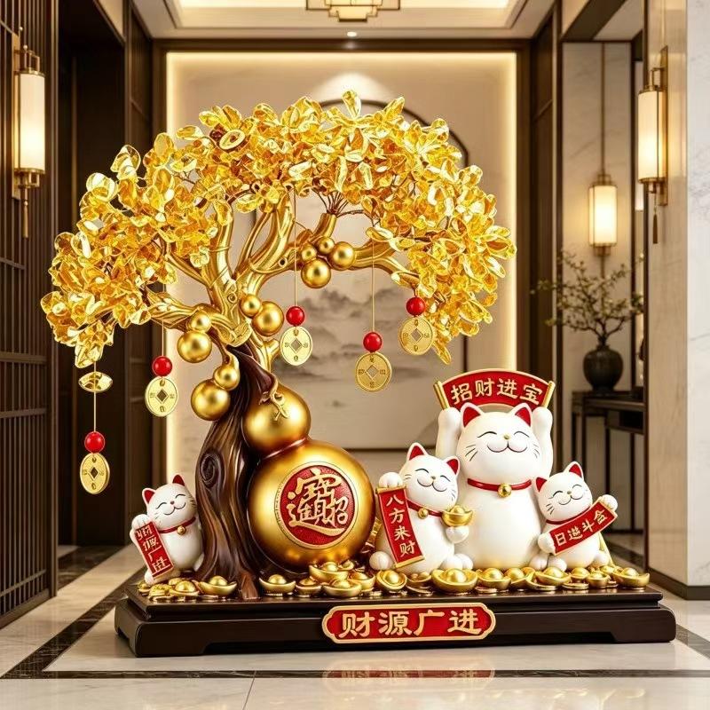 Resin Money Tree Lucky Cat Statue Ornament, Money Tree Lucky Cat Desktop Decoration, Home and Office Desktop Decoration Opening Gifts