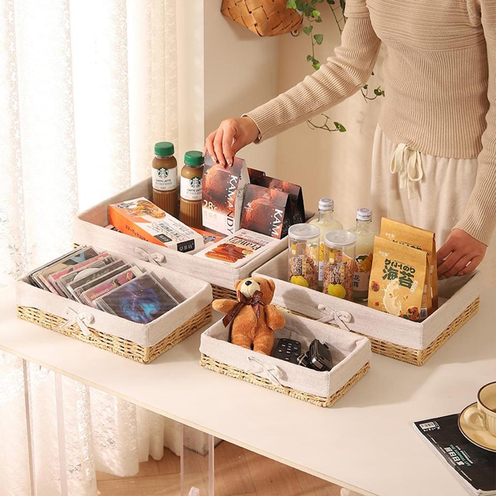 Set of 2 Storage Baskets, Tabletop Storage, Wicker Baskets with Inner Lining, Washable, Pastoral Beige