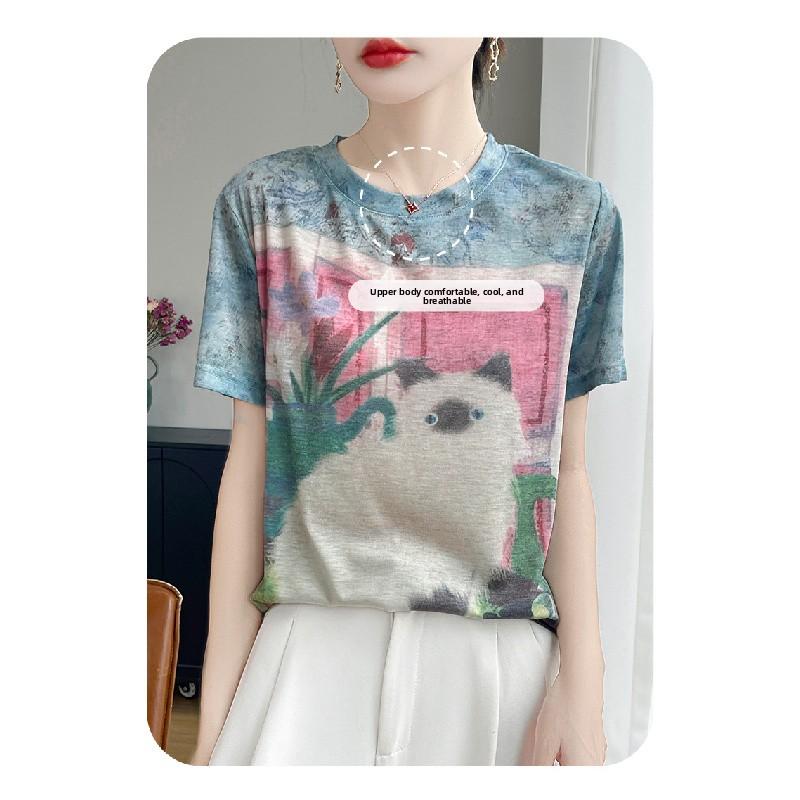 2026 Summer New Women's Round Neck Loose Tie-Dye Cartoon Cat Print Short Sleeve T-Shirt Top