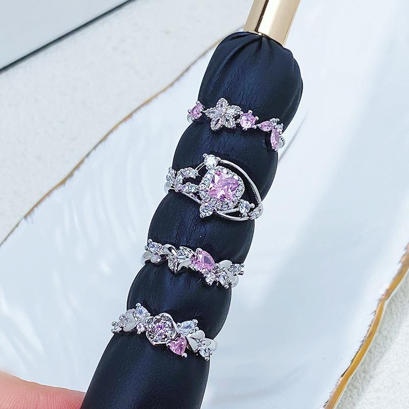Sweet And Cool Colored Treasure Pink Zir*****Pen Ring Bright Light Luxury High Sense Niche Exquisite Girl Heart Ring