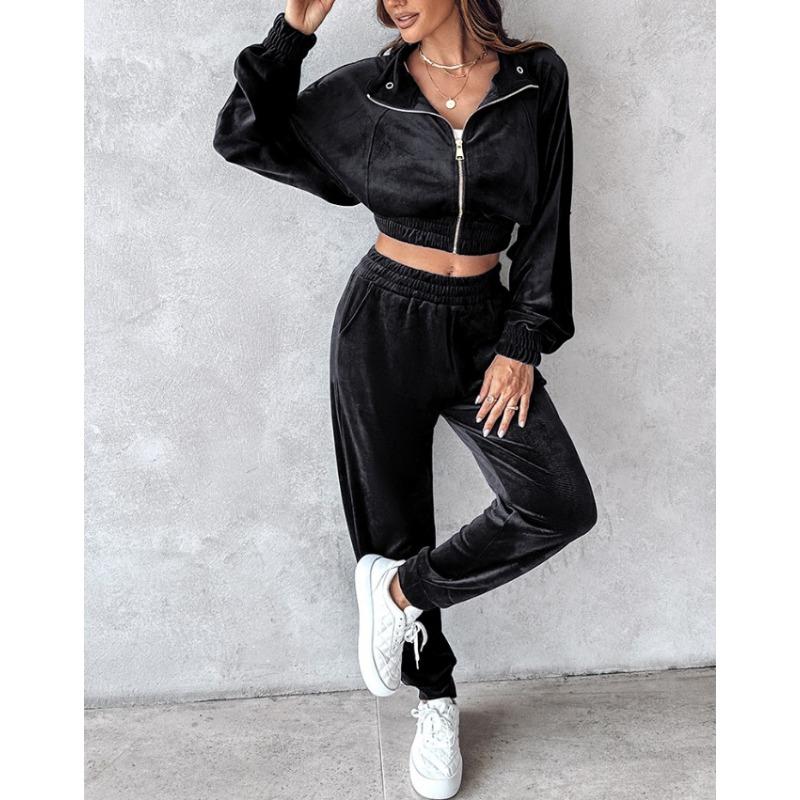 Women's Fall/winter Casual Zipper Button Velvet Suit