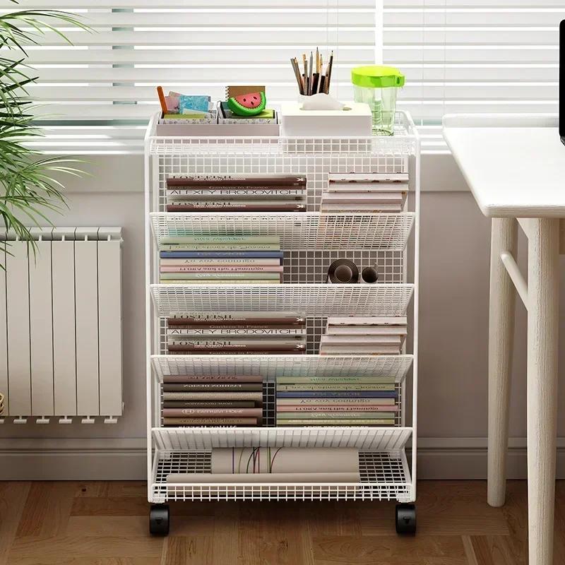 Large Bookshelf Library Cart Mobile Book Storage Shelf Metal Bookcase Holder Office Desk Document Storage Rack Kidroom Organizer