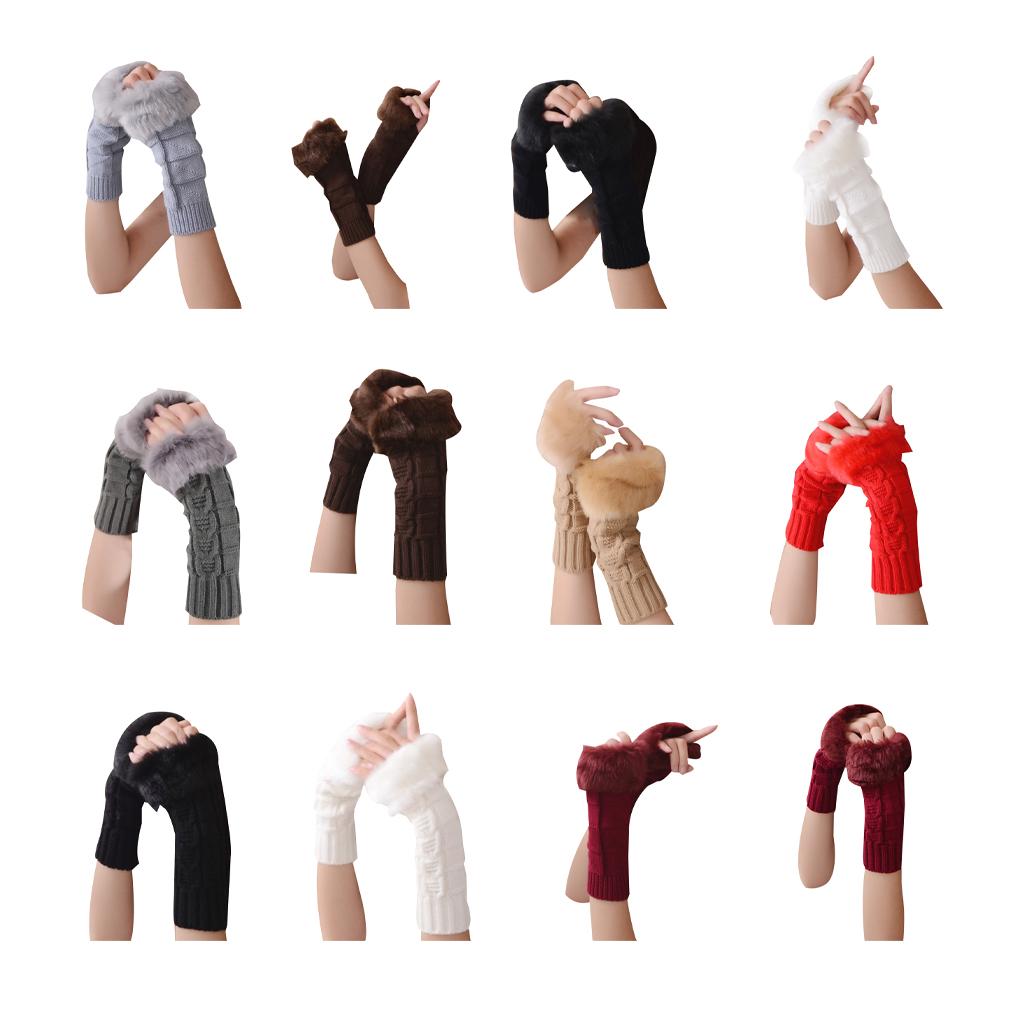 Женские Девичьи Теплые Зимние Перчатки Без Пальцев с Помпоном на Запястье Варежки Вязаные Нарукавники Женские Митенки Пушистые Вязаные Перчатки