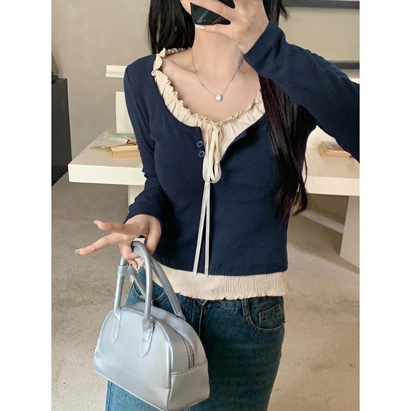 Темно-синяя французская футболка из двух частей с поддельным грибком по краю, с длинными рукавами для женщин на начало осени, горячая девушка, облегающий короткий топ