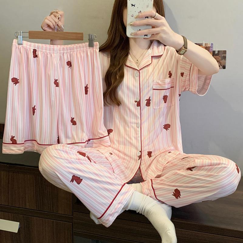 Three-piece pajamas women's summer new retro plaid short-sleeved imitation cotton loungewear niche casual can be worn outside