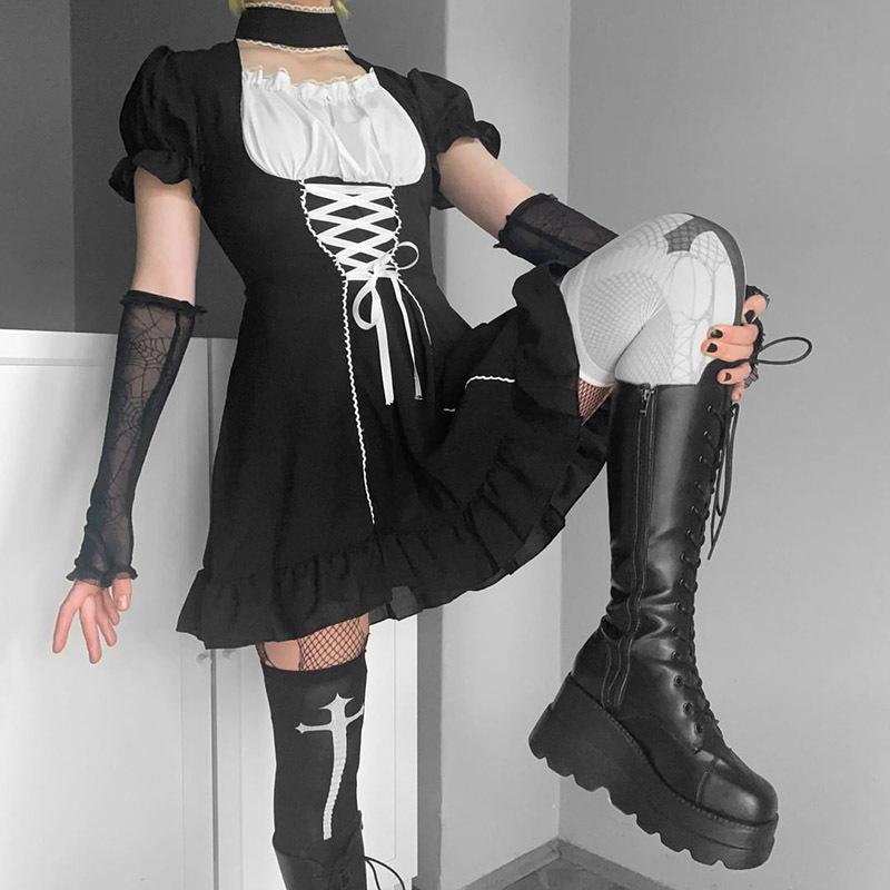 Y2k Готическое платье Лолита, женское темно-черное платье в студенческом стиле, осеннее контрастное цветное платье с пышными рукавами и завязками, женское платье