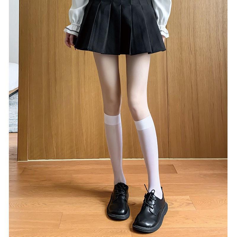 Women's 70cm Over-the-Knee Thin Velvet Compression Socks, Spring/Summer Long Black & White Stockings.