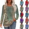 Women's Loose Casual Print Round Neck Pleated Long Sleeved Top Fashionable Top Top