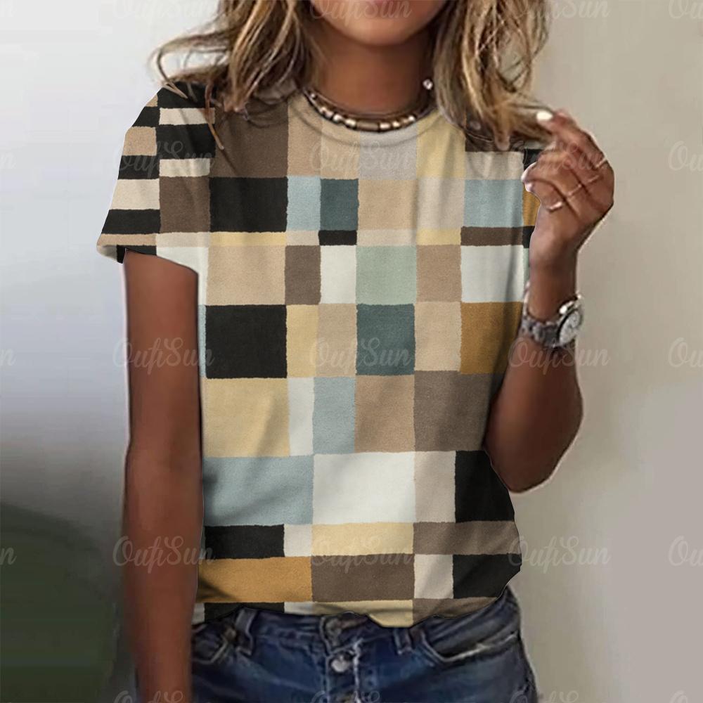 Summer Women's T-shirt, Checkered Printed Casual Round Neck Shirt, Fashionable Street T-shirt