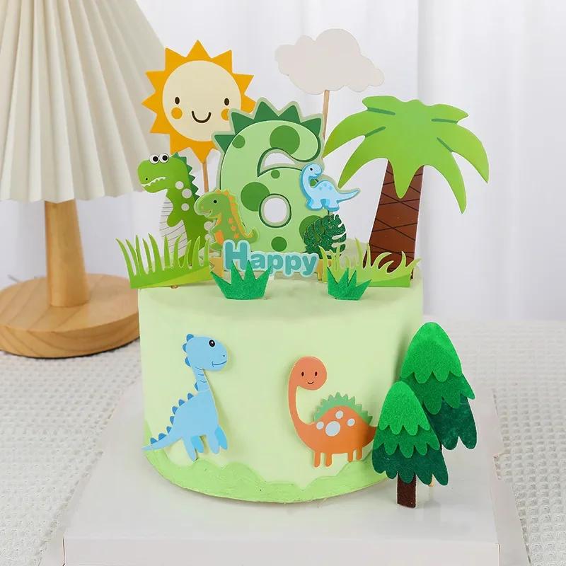 Dinosaur Palm Leaves Cake Toppers Happy Birthday Jungle Safari Party Decor Green Number 1 2 3 4 5 Year Old Kids Party Cake Decor