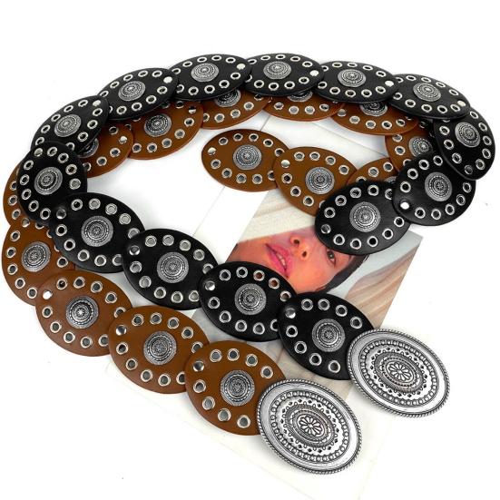 Women Belt Round Buckle Wide Eyelets Faux Leather Adjustable Belt Exaggerated Round Shape Hollow Disc Waist Belt