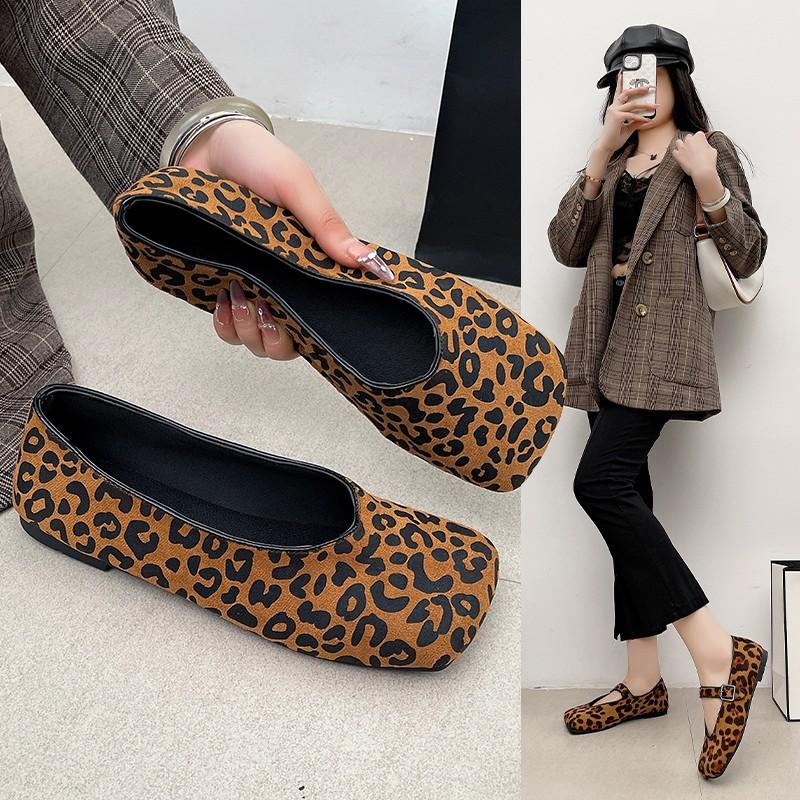 2025 New Horsehair Mary Jane Retro Round Head Ballet Shallow Mouth One-word Buckle Flat Bottom Leopard Print Single Shoes Women's Shoes