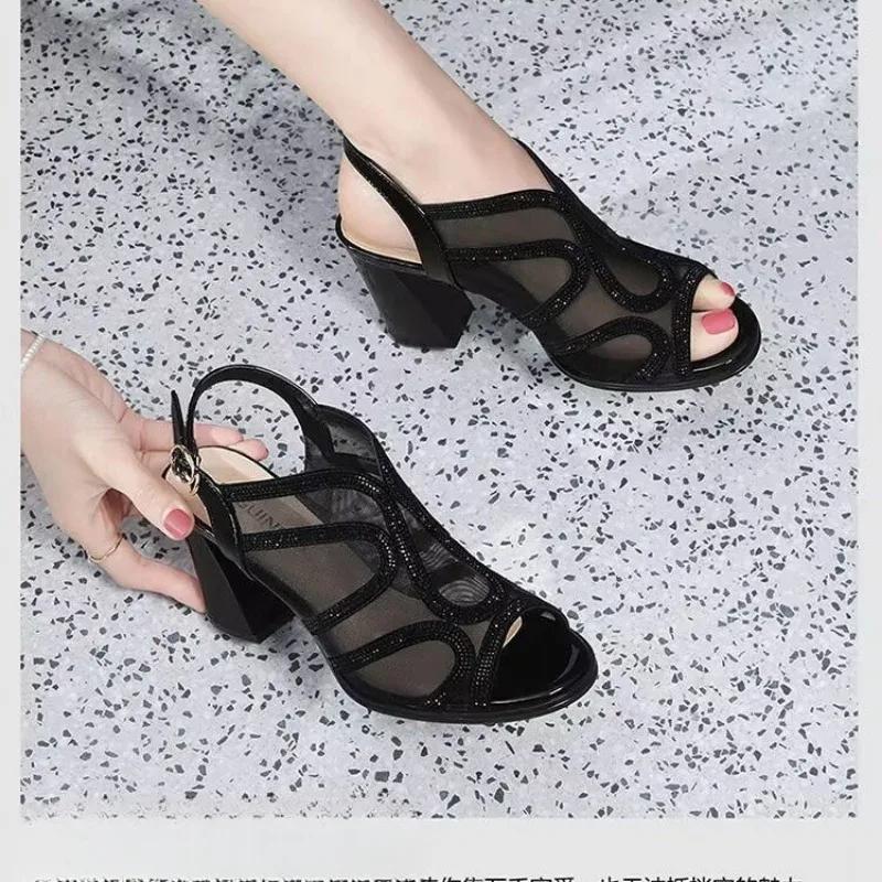 Туфли женские с открытым носком женские босоножки больших размеров женские сандалии с кристаллами сетчатые с пряжкой на ремешке туфли на толстом каблуке женские