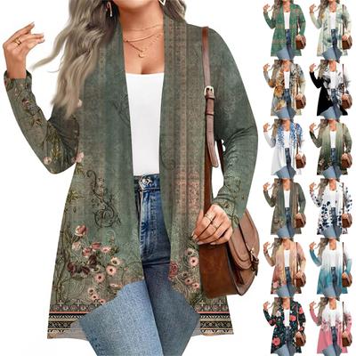 Женский осенне-зимний модный повседневный кардиган средней длины с принтом и длинным рукавом