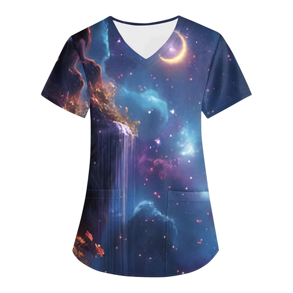 Женская модная астральная принтованная футболка с коротким рукавом и V-образным вырезом с маленьким карманом