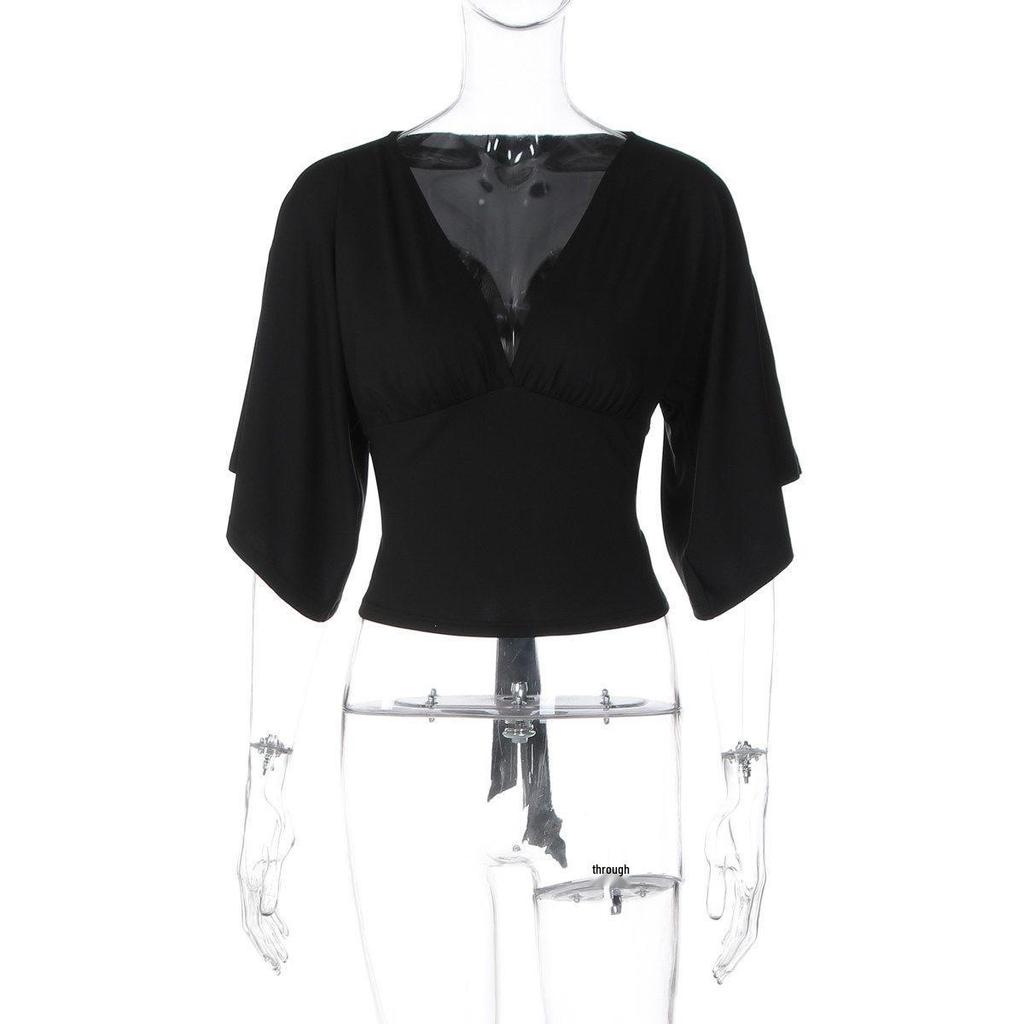 Women's European Deep V-Neck Short Sleeve Tie-Waist Slim-Fit Summer Top