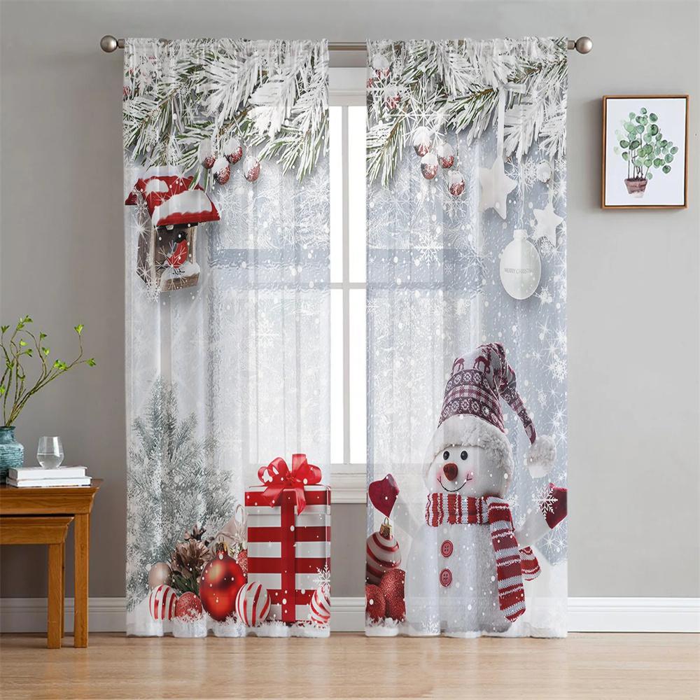 Cartoon Merry Christmas Tree Bells Village Snowing Tulle Sheer Voile Window Curtains Blinds for Living Room Bedroom Home Decor