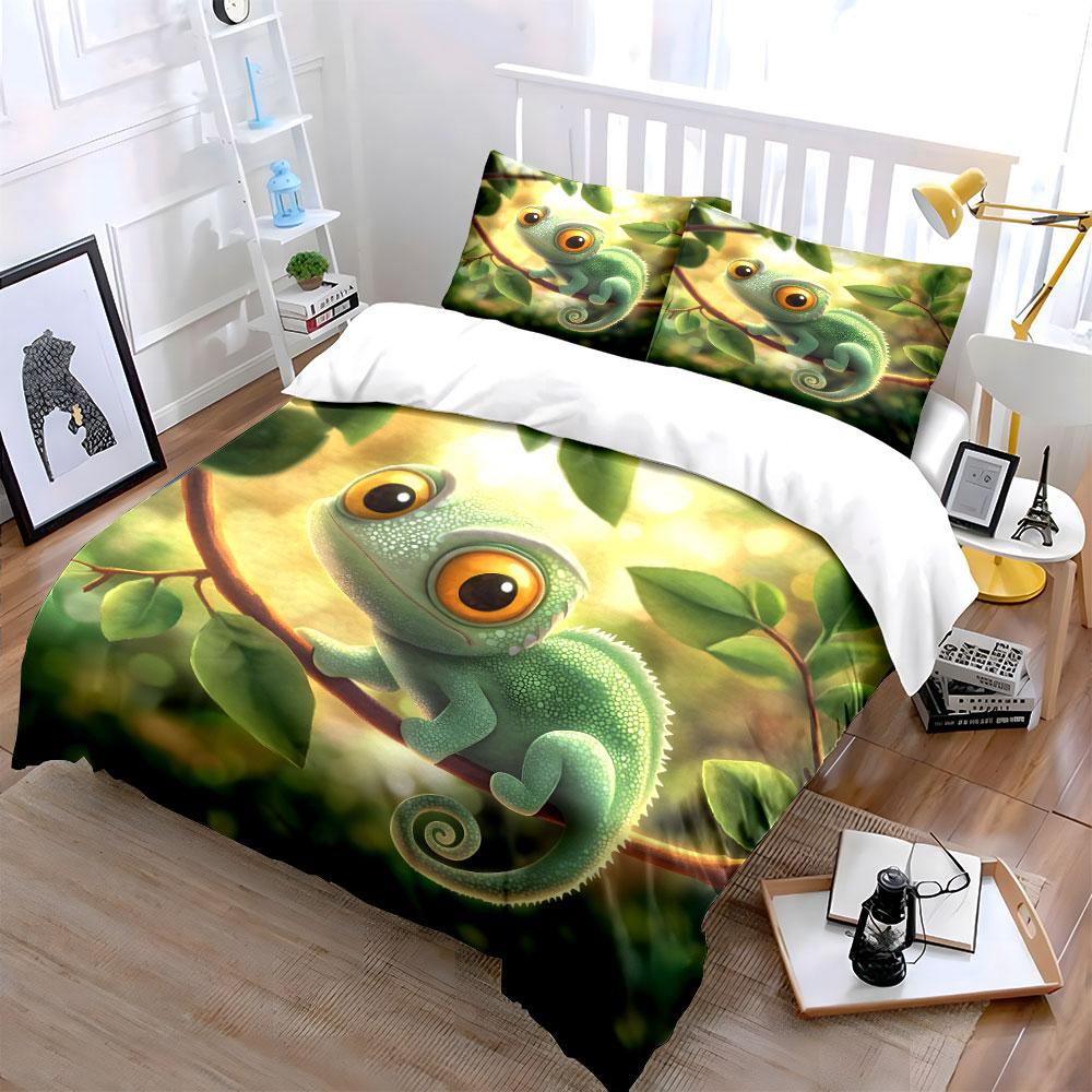 Cute Chameleon Leaf Print Set Bedding Duvet Cover Set Duvet Cover Pillowcases (1 * Duvet Cover 2 * Pillowcases, without duvet insert)
