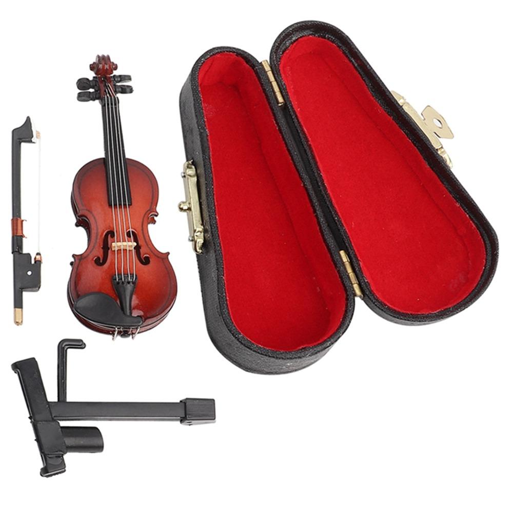 Wooden Mini Musical Instrument With Bow Collectible Figurines Mini Violin Replica Room Decor
