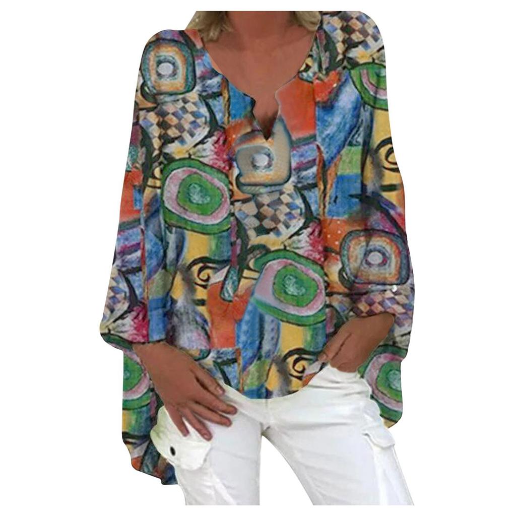 Женская мода Свободная блузка с принтом в стиле бохо с длинным рукавом и v-образным вырезом Свободная рубашка Топ
