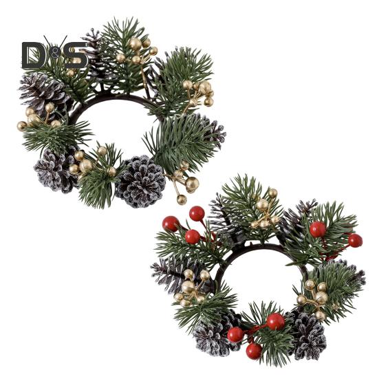 Christmas Candle Ring Artificial Pine Needle Pinecone Berries Garland Rustic Festive Candle Wreath for Home Table Centerpiece Decor