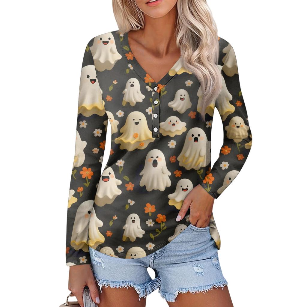 Женская повседневная мода, сексуальный комфорт, Хэллоуин с принтом и v-образным вырезом, пуговицы, длинный рукав