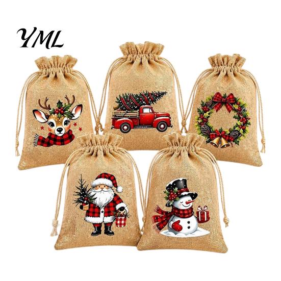Christmas Craft Supplies Jute Burlap Gift Bags, Drawstring Treat Candy Mini Advent Calendar Bags Bag, Reusable Linen Packaging Pouch for Holiday Party