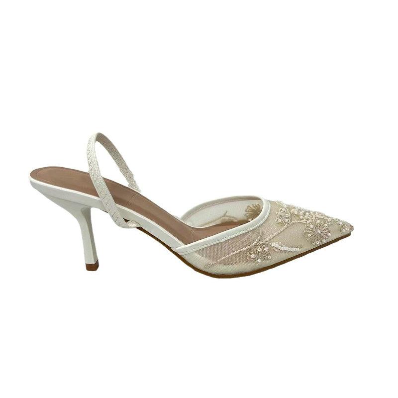 Fashion 2025 Spring And Summer Wear Fashion Shallow Mouth Pointed Net Rhine-Diamond Pearl After Empty High-Heeled Sandals Women'S Shoes