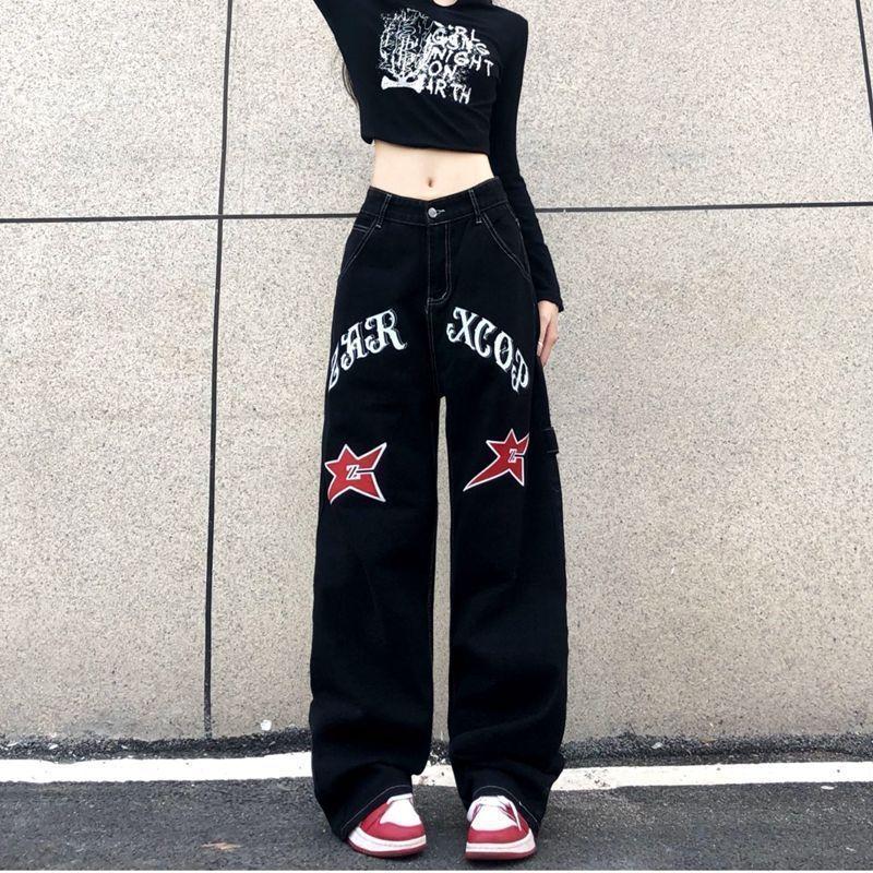 Женские уличные винтажные широкие джинсы со звездами и буквенным принтом Y2K, повседневные весенне-осенние модные свободные прямые брюки в стиле Харадзюку
