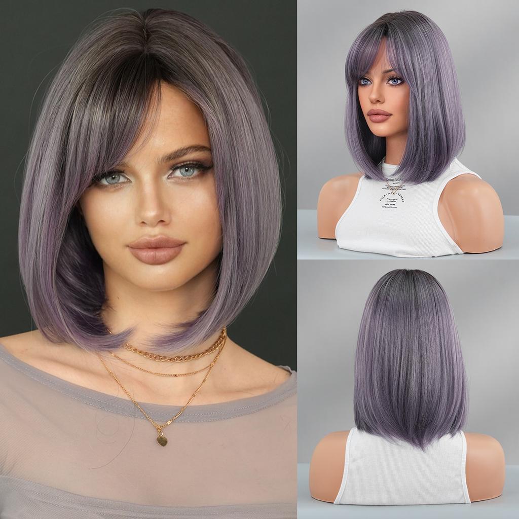 2025 New Gradient Gray Purple Short Straight Wig for Women - Side Bangs Bob Wig Synthetic Machine Made Full Cap, 4 Colors Available