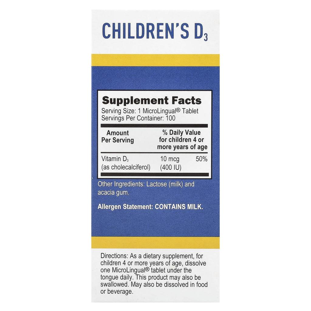 Children's D3, 10Mcg(400Iu), Microlingual® Instant Dissolve Tablets, 100 Tablets