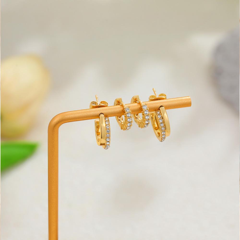 18K gold stacked with diamond earrings, simple ring, circle, ear buckle, temperament stud earrings, two-piece jewelry