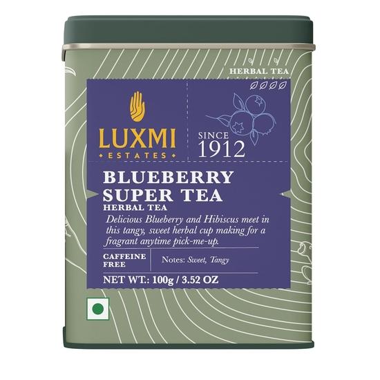LUXMI Estates Blueberry Super Tea 100 Gram Tin Caddy|Certified Organic Tea|Caffeine-Free|50 Cups, Hibiscus