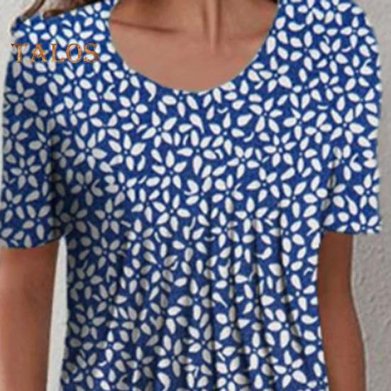 Women's Floral Print Tunic Shirt Dress Short Sleeve Crew Neck Pleated Midi Dress with Pockets Summer Boho Swing Sundress