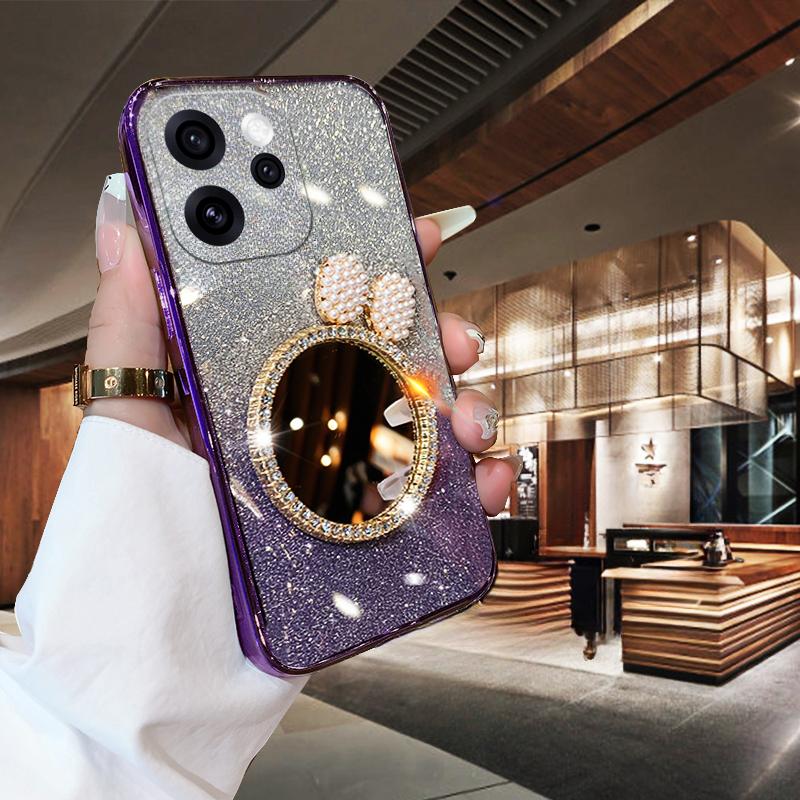 For OPPO Reno 15 Pro 15F Case with Bow Makeup Mirror Luxury Shiny Gradient Clear Plating Glitter Girls Slim for OPPO Reno 15F 15 Pro Back Cover