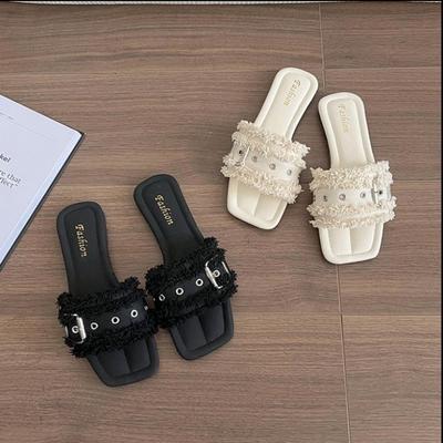 Мода 2025 Милые праздничные тапочки с плюшевой окантовкой Модные нескользящие сандалии на плоской подошве Удобная мягкая обувь для отпуска Уличная