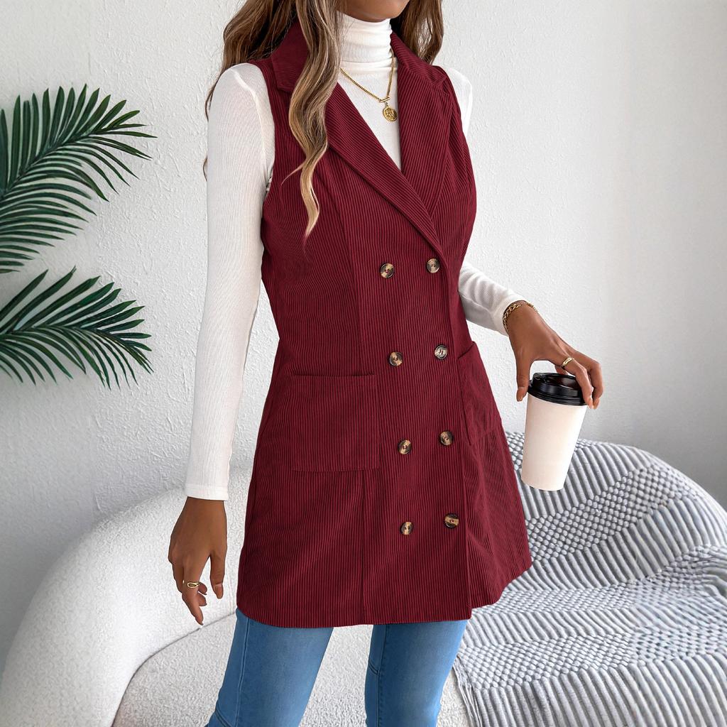 Autumn Winter Women's Corduroy Vest Solid Color Double-breasted Long Corduroy Vest Slim-fit Sleeveless Vest