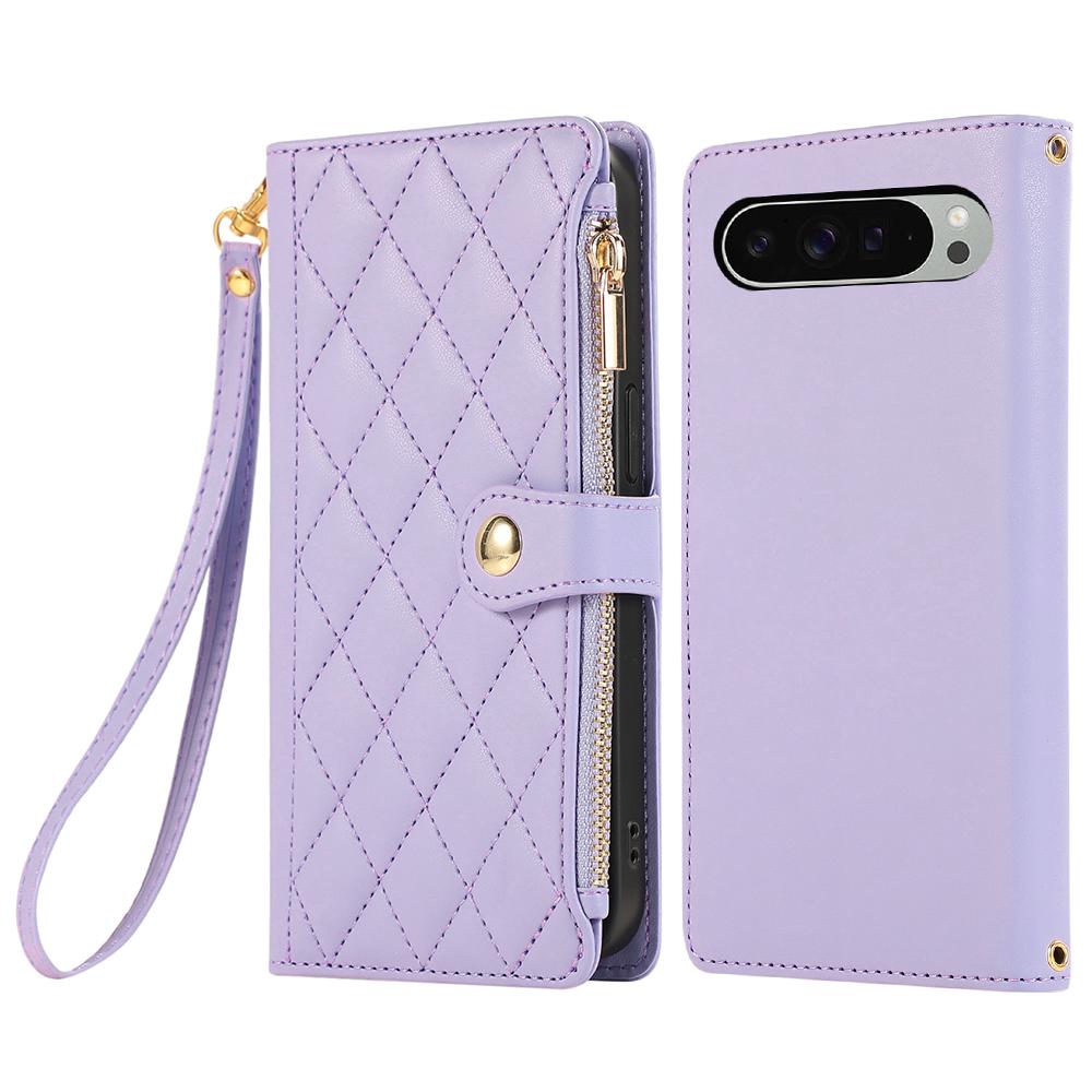 For Google Pixel 9 Pro XL Case Multi Card Slots Zipper Rhombus Leather Phone Cover with Wrist Strap