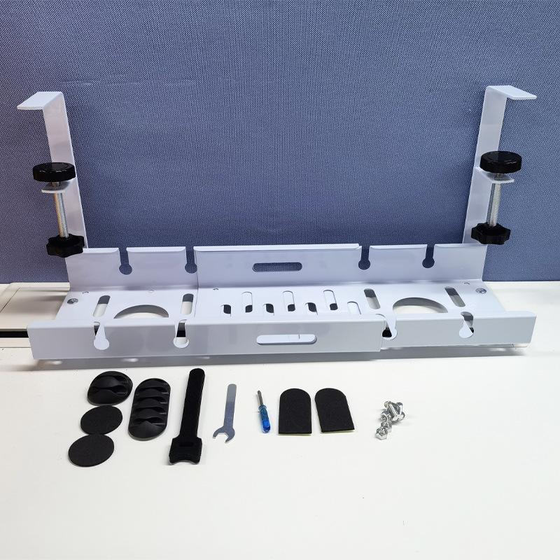 Under Desk Cable Management Tray Retractable Cord Organizer No Drill Wire Organizer Cable Holder Tray with Clamp Metal Basket