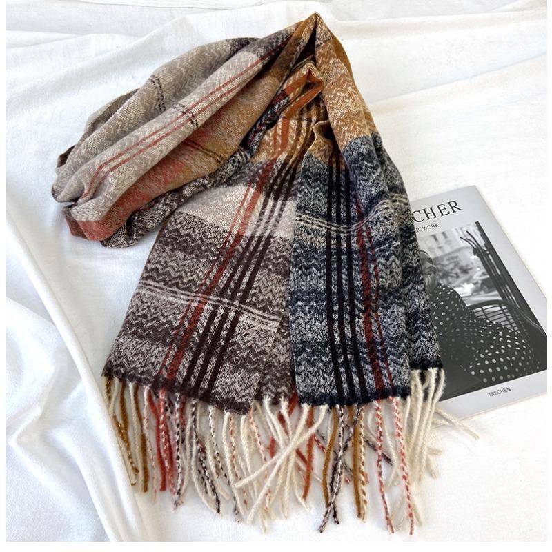 Женский осенне-зимний шарф из имитации кашемира в клетку с бахромой, утолщенный теплый шарф