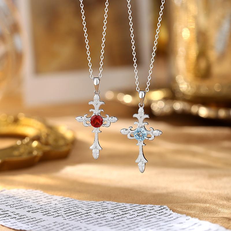 Embossed Craft Cross S925 Sterling Silver Necklace Women's European Sweet Cool Wind Natural Color Treasure Niche Personalized Clavicle Chain
