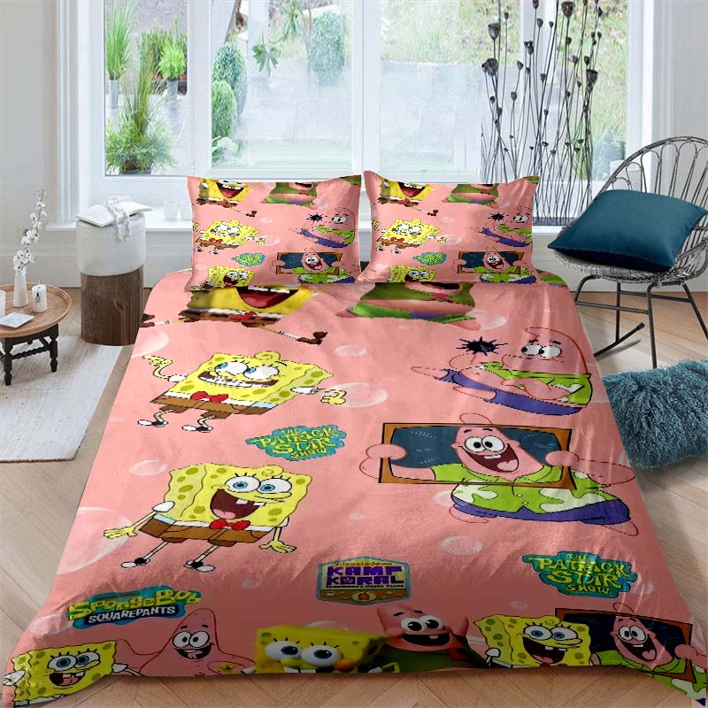 A variety of SpongeBob SquarePants patterned bedding sets, soft duvet covers and pillowcases, suitable for teenagers, children a