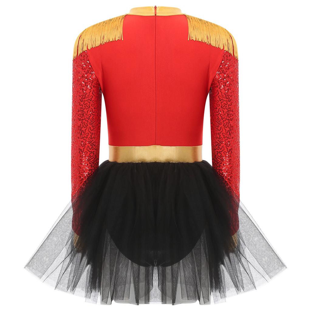 Womens Circus Ringmaster Dress Long Sleeve Tassel Shoulder Boards Shiny Sequins Skirted Bodysuit Halloween Costume