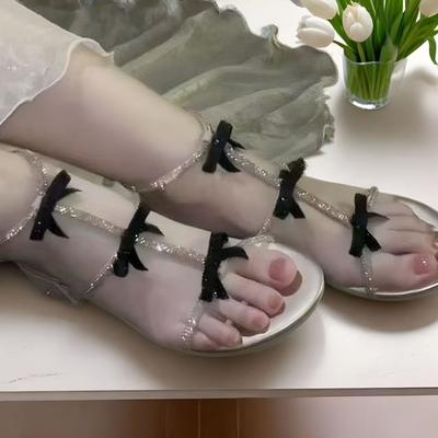 Блестящие золотые римские сандалии женские толстый каблук средний каблук с открытым носком бант 2025 новые красивые высокие каблуки с бриллиантами